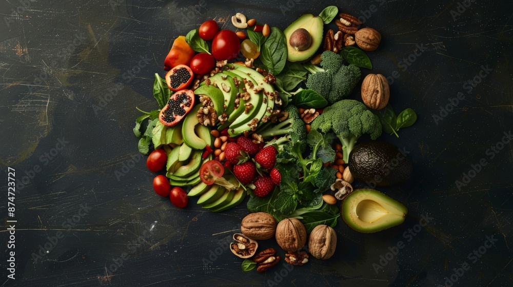 Creative depiction of a brain outline composed of brain-enhancing foods like walnuts and avocados Creative depiction of a brain outline composed of brain-enhancing foods like walnuts and avocados