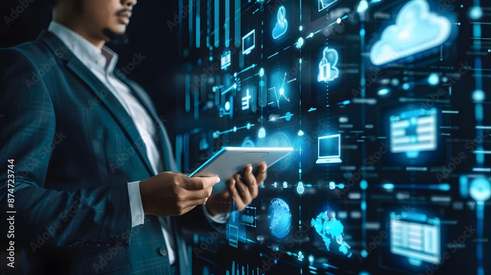 Fototapeta premium Corporate leader utilizing cloud computing for effective HR and resource planning