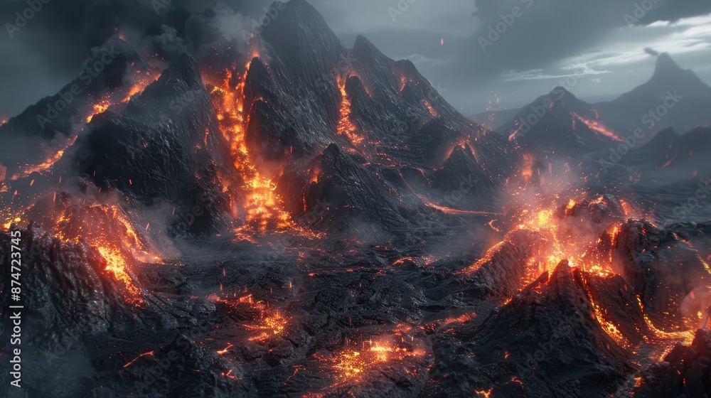 Volcanic landscape with multiple active lava flows and eruptions Volcanic landscape with multiple active lava flows and eruptions