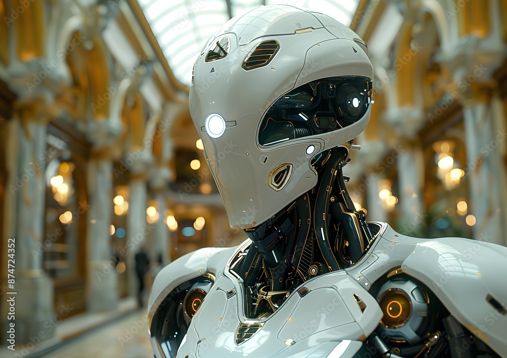 Robot in a modern interior. Robot humanoid. Concept of development of robotics and cybernetics. The near future. Futuristic technologies of artificial intelligence and robotisation