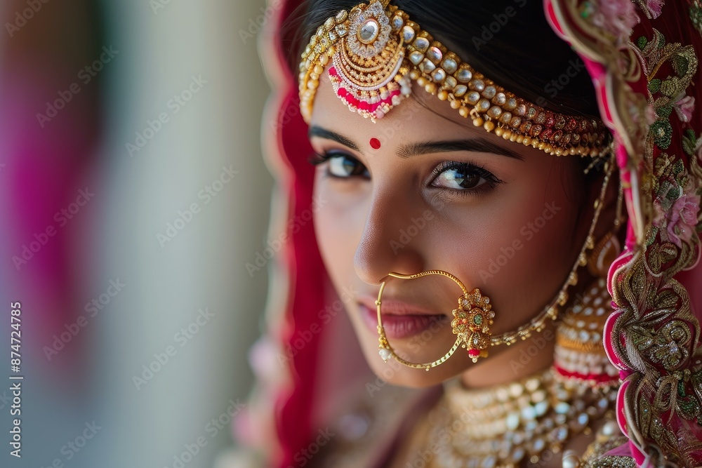 Close-up of an indian bride adorned in exquisite jewelry and makeup, showcasing cultural beauty Close-up of an indian bride adorned in exquisite jewelry and makeup, showcasing cultural beauty