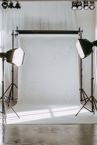 A professional photo studio with a white seamless paper backdrop, and two studio lights with softboxes.