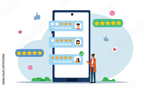 People giving  stars and likes feedback and choosing satisfaction rating on mobile site and application . Customer review rating and feedback concept. Flat vector illustration.