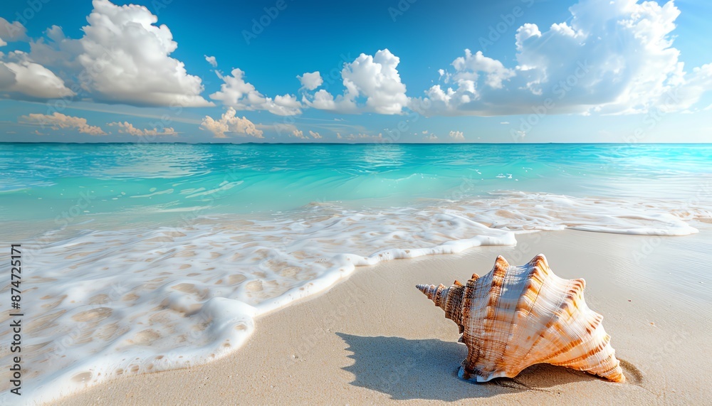 A beautiful beach scene with a conch shell in the foreground. The water is crystal clear and the sand is white and soft. The sky is blue and there are a few white clouds. A beautiful beach scene with a conch shell in the foreground. The water is crystal clear and the sand is white and soft. The sky is blue and there are a few white clouds.