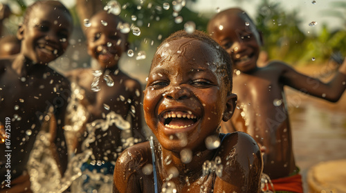 Children laughing and playing under the water of an outdoor well in Africa, with joyous smiles on their faces as they feel clean for the present time © Kien