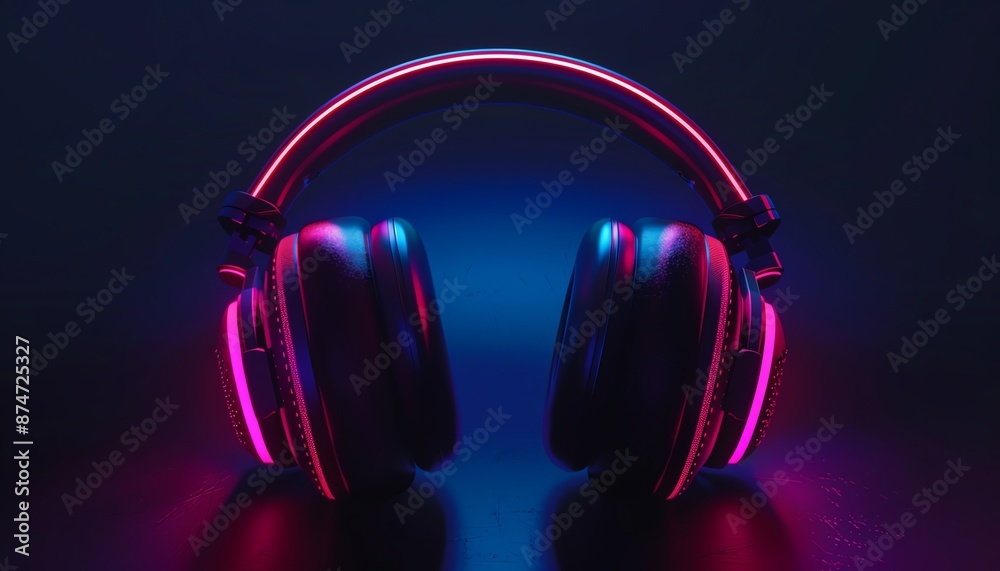 A pair of black headphones with glowing pink and blue lights. The headphones are sitting on a reflective surface with a dark background. A pair of black headphones with glowing pink and blue lights. The headphones are sitting on a reflective surface with a dark background.