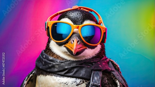 Funny penguin wearing sunglasses in studio with a colorful and bright background. © UZAIR