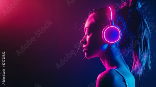 Portrait of a young woman with neon glowing headphones.