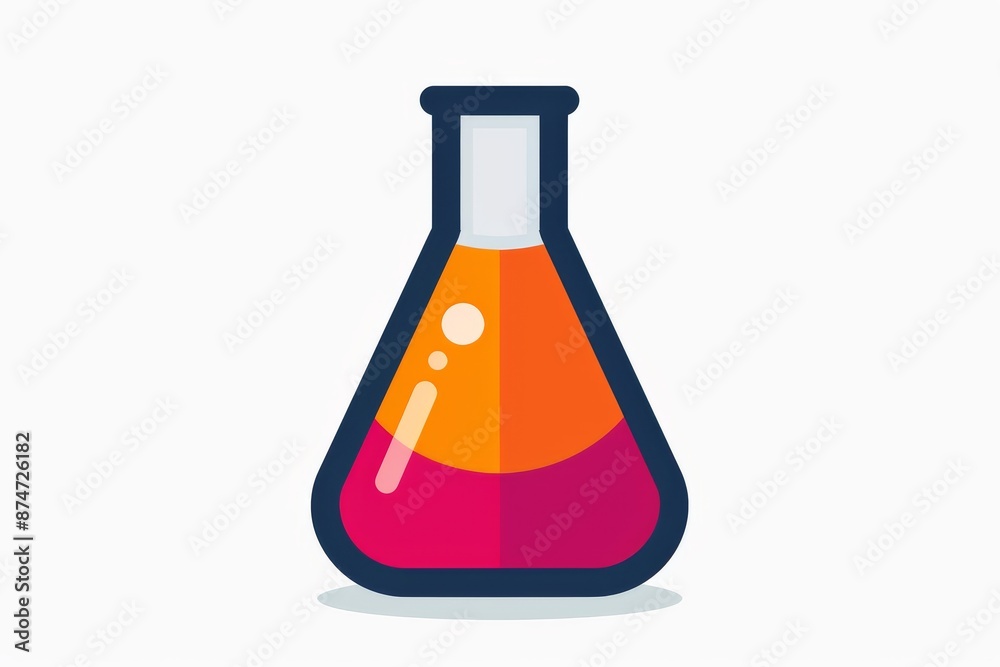 Minimalist glass flasks with pink liquid, set against a bright blue sky, emphasizing scientific simplicity and modern design.