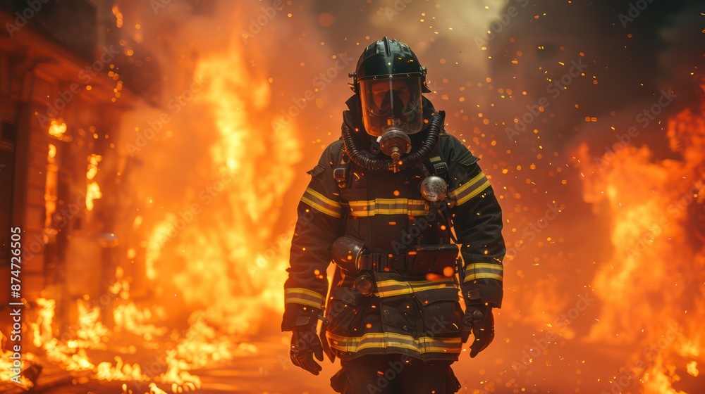 Fototapeta premium Firefighters escape from burning building Comes with a large gas mask.