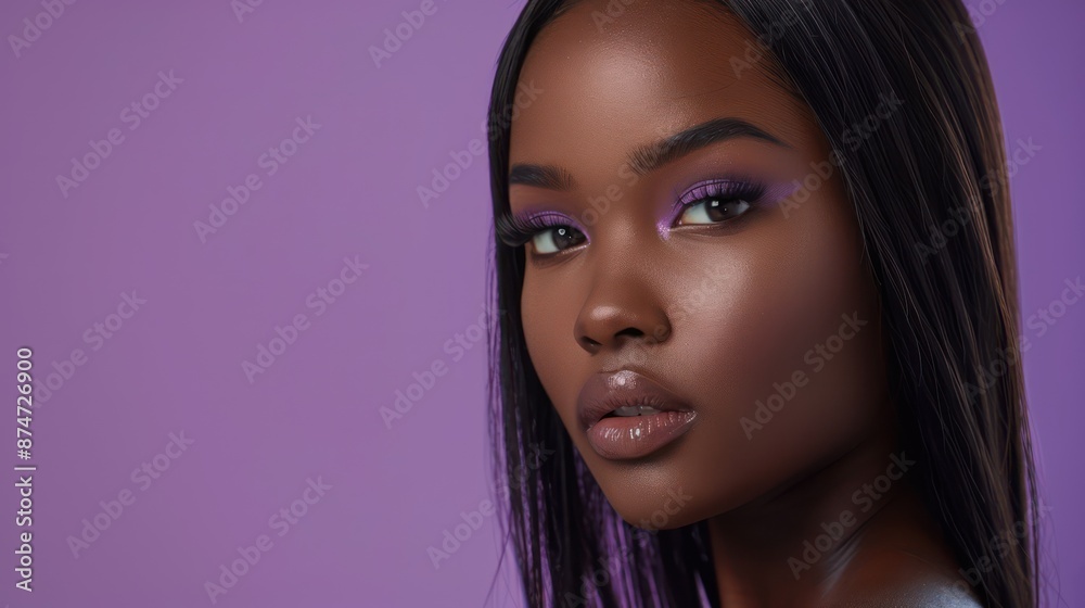 American makeup model purple solid background American makeup model purple solid background
