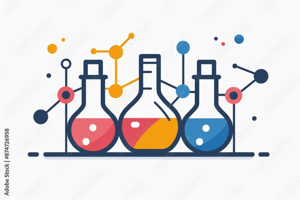 Pair of chemistry flasks with colorful liquids, set against a white background with minimalistic design, representing scientific simplicity. Pair of chemistry flasks with colorful liquids, set against a white background with minimalistic design, representing scientific simplicity.