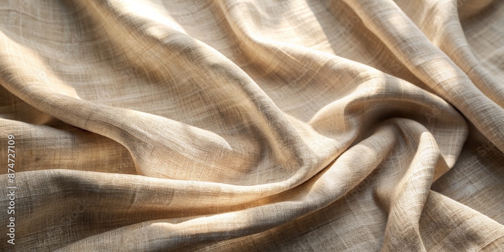 Softly draped beige linen fabric with abstract sunlight shadows creates a serene natural textile background with ample copy space for creative projects. Softly draped beige linen fabric with abstract sunlight shadows creates a serene natural textile background with ample copy space for creative projects.
