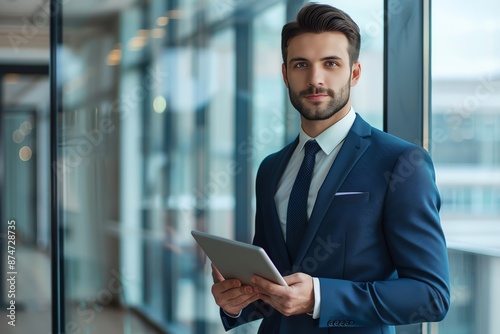 Professional Businessman with Tablet in Modern Office Setting Entrepreneur Workspace