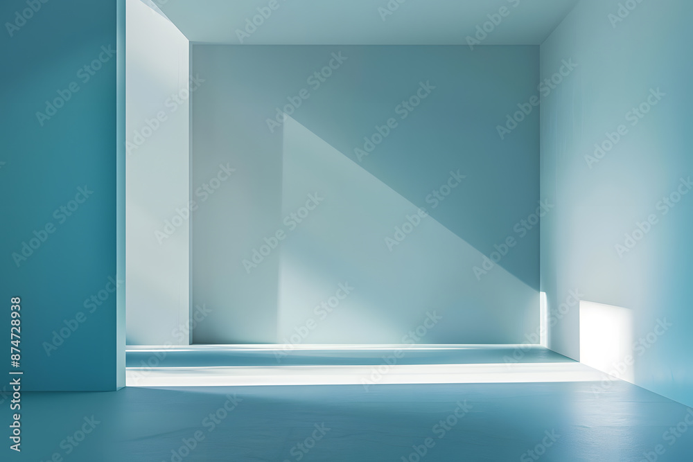 Serene blue studio room, empty and perfect for versatile product placement and design templates Serene blue studio room, empty and perfect for versatile product placement and design templates