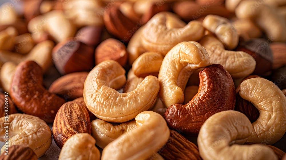 A close-up of cashew nuts, showcasing their unique shape and texture. The background is filled with various types of mixed nuts including hazelnuts, cashews, almonds, and macadamia nuts. A close-up of cashew nuts, showcasing their unique shape and texture. The background is filled with various types of mixed nuts including hazelnuts, cashews, almonds, and macadamia nuts.