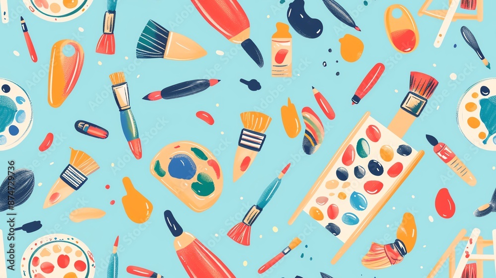 Create a seamless pattern with painting and drawing elements like brushes, palettes, and easels Create a seamless pattern with painting and drawing elements like brushes, palettes, and easels