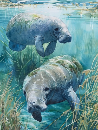 Watercolor painting of two hippos having fun diving in a clear pool. Use for phone wallpapers, posters, postcards, brochures