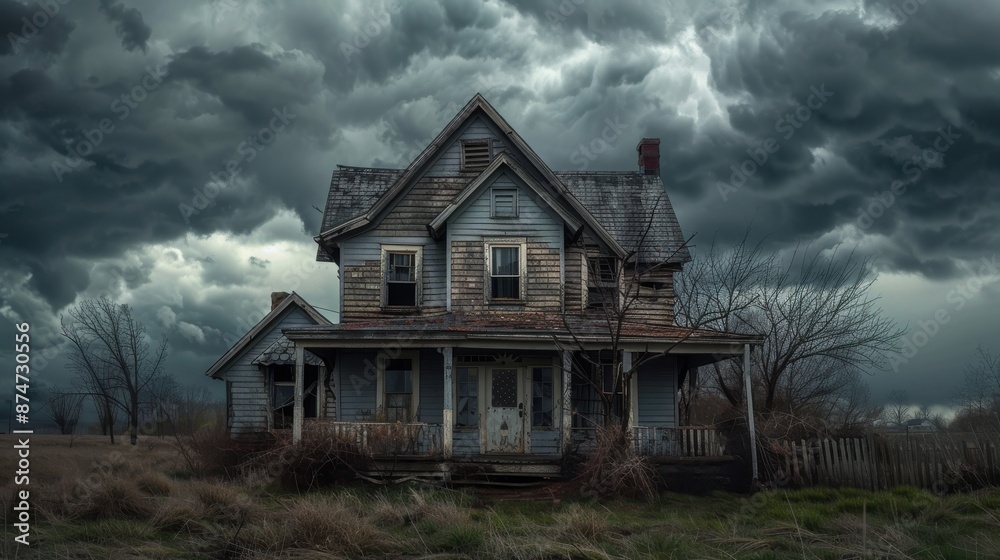 Abandoned house for sale, dark stormy sky background, realistic financial hardship scene Abandoned house for sale, dark stormy sky background, realistic financial hardship scene
