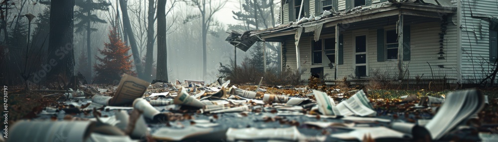Abandoned house, torn financial documents littering the yard, realistic financial hardship scene Abandoned house, torn financial documents littering the yard, realistic financial hardship scene