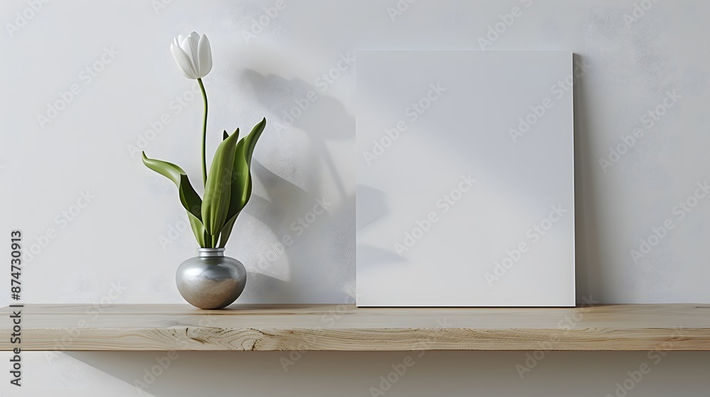 A modern, horizontal blank canvas mockup displayed on a polished oak shelf, enhanced by a sleek, silver metallic vase with a single white tulip. A modern, horizontal blank canvas mockup displayed on a polished oak shelf, enhanced by a sleek, silver metallic vase with a single white tulip.