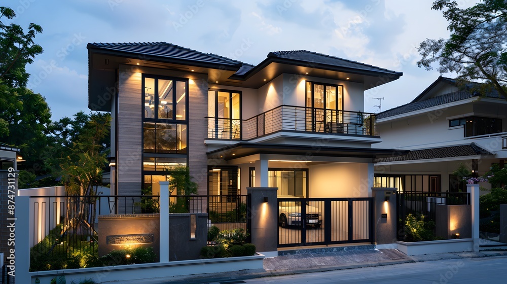 A modern two-story villa with white walls and a black metal fence in front of the main gate, located on an island street surrounded by other houses. A modern two-story villa with white walls and a black metal fence in front of the main gate, located on an island street surrounded by other houses.