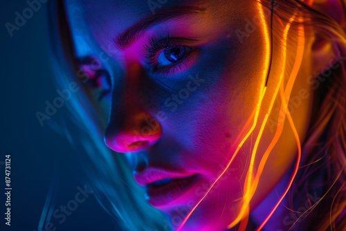 Close-up of a woman’s face illuminated by vibrant neon lights in the dark