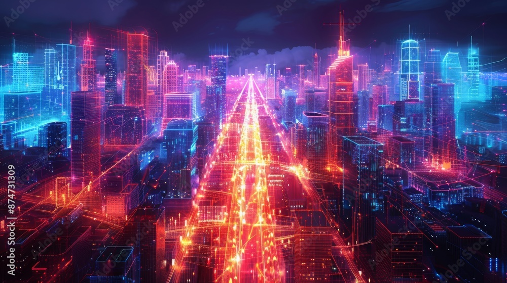 Fototapeta premium sprawling urban landscape illuminated by vibrant neon lights, casting a colorful glow on the dark surroundings Generative AI