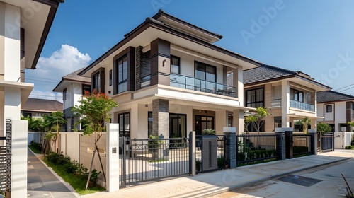 A modern two-story villa with white walls and a black metal fence in front of the main gate, located on an island street surrounded by other houses. © horizon