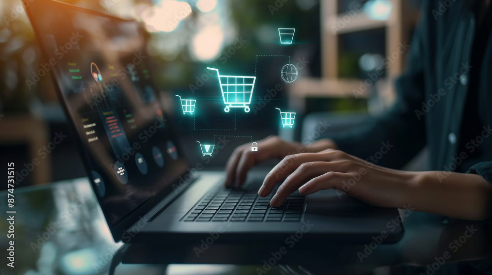 Person typing on laptop with numerous icons emerging Person typing on laptop with numerous icons emerging