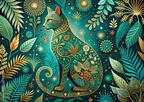 Vibrant bohemian background with intricate gold accents and whimsical teal cat silhouette, adorned with lush greenery and bold, eclectic patterns, evoking free-spirited luxury. photo