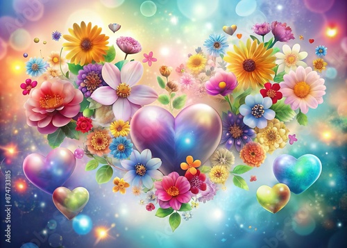 Vibrant heart-shaped flowers in various colors and sizes float magically on a soft, translucent background, creating a romantic and whimsical atmosphere.