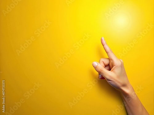 Bright yellow background with a subtle gradient, empty space on the left, and a finger extending from the right, perfect for adding text or graphics. photo