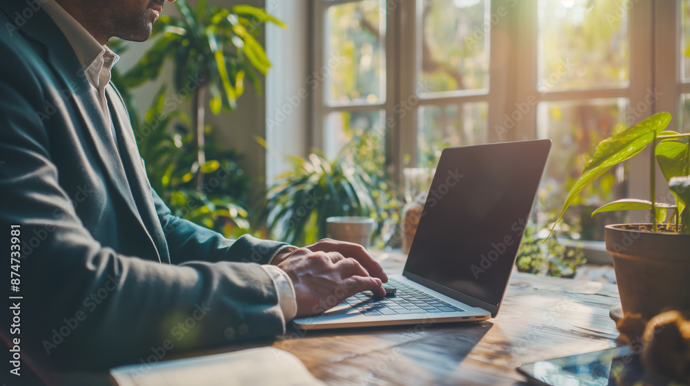Person typing on laptop at table with potted plant Person typing on laptop at table with potted plant