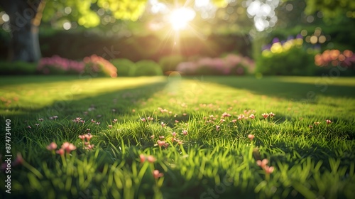 Beautiful lawn with lush green grass and flowers, sunlight shining through the trees on a spring day. It symbolizes beauty, tranquility, nature's embrace, relaxation, harmony, and good health.