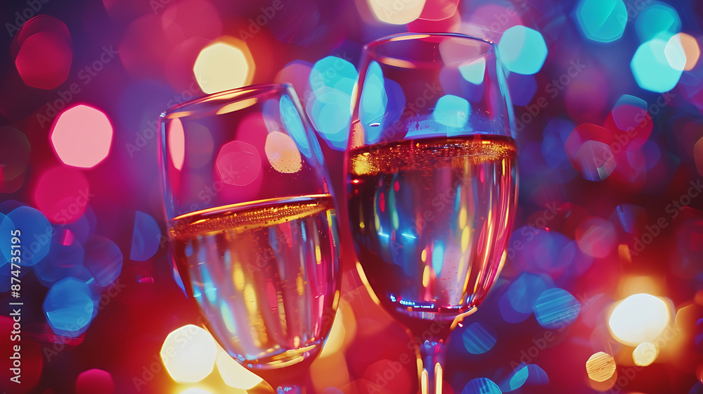 A close up of two glasses meeting in a celebratory cheer, surrounded by a buzzing disco club ambiance. A close up of two glasses meeting in a celebratory cheer, surrounded by a buzzing disco club ambiance.