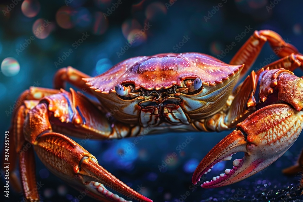 Detailed close-up of a colorful crab with a moody, bokeh background Detailed close-up of a colorful crab with a moody, bokeh background