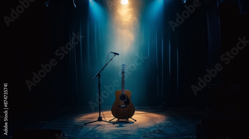 Acoustic guitar and microphone on an empty stage illuminated by spotlight, creating a mood for live performance. photo