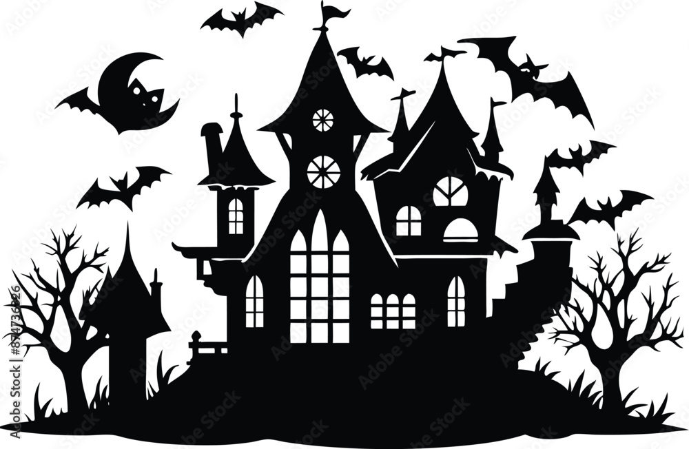 A Silhouette Vector Of Halloween Haunted House, Haunted House silhouette vector collection, Ghost House silhouette, halloween at night and bats house
A Silhouette Vector Of Halloween Haunted House, Haunted House silhouette vector collection, Ghost House silhouette, halloween at night and bats house