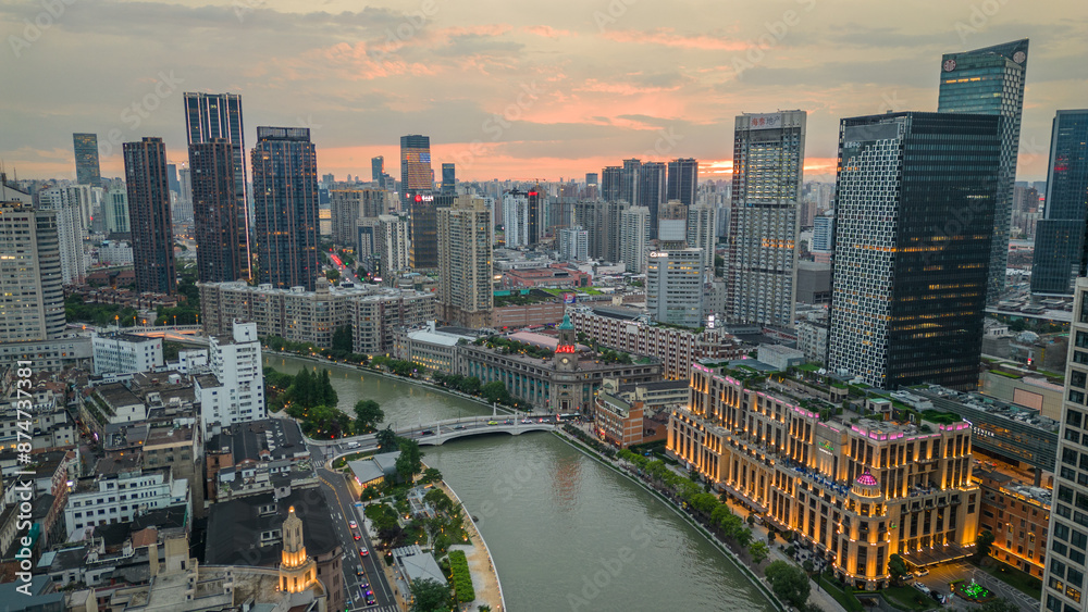 Samolepka Shanghai , China - 10 July 2024 :  Aerial Panoramic skyscrapers and dusk skyline