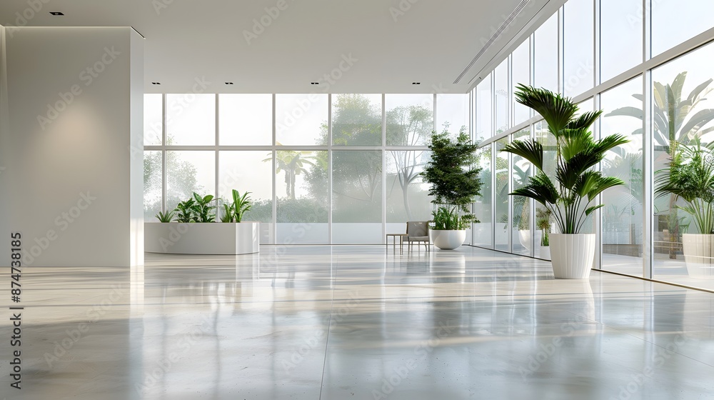 Obraz premium Modern office interior with glass walls, large windows and polished concrete floor. The space is well-lit by natural light, creating an atmosphere of spaciousness and sophistication.