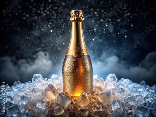 Frosted glass bottle of golden champagne submerged in crushed ice, surrounded by glistening condensation droplets, radiating luxury and celebration on a sleek dark surface. photo