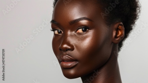 Striking studio image of an African American woman, her perfect skin and understated makeup setting a new standard for beauty portraits