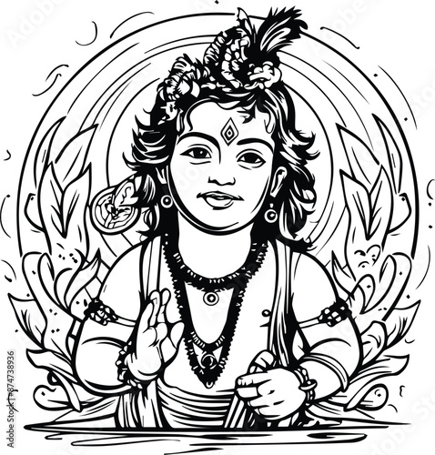 vector sketch hand drawn single line art coloring page line drawing lord krishna