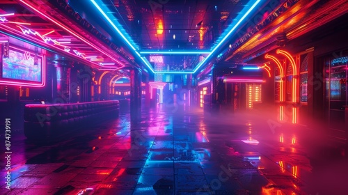 futuristic nightclub scene with neon lights and holographic projections creating a vibrant, energetic atmosphere in the dark Generative AI