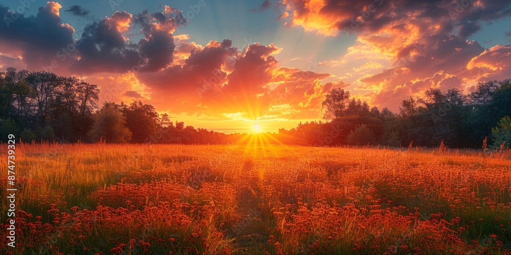 Golden Sunset Over Rolling Countryside Fields: A Tranquil Rural Scene