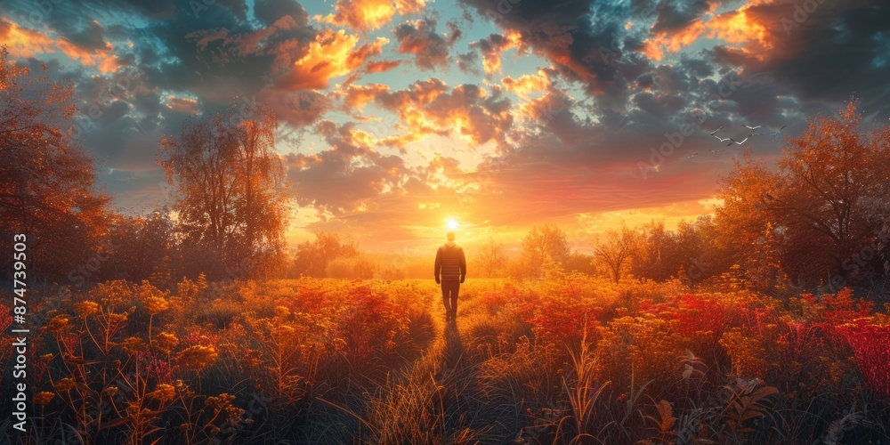 Fototapeta premium Golden Sunset Over Rolling Countryside Fields: A Tranquil Rural Scene