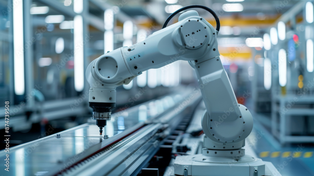 Close-up of a robotic arm operating in a high-tech industrial factory, highlighting automation and advanced manufacturing technology.