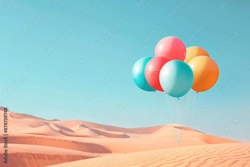 Fototapeta premium Balloons floating in the desert sky.