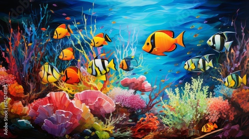 A lively underwater coral reef, bustling with colorful fish and swaying plants photo